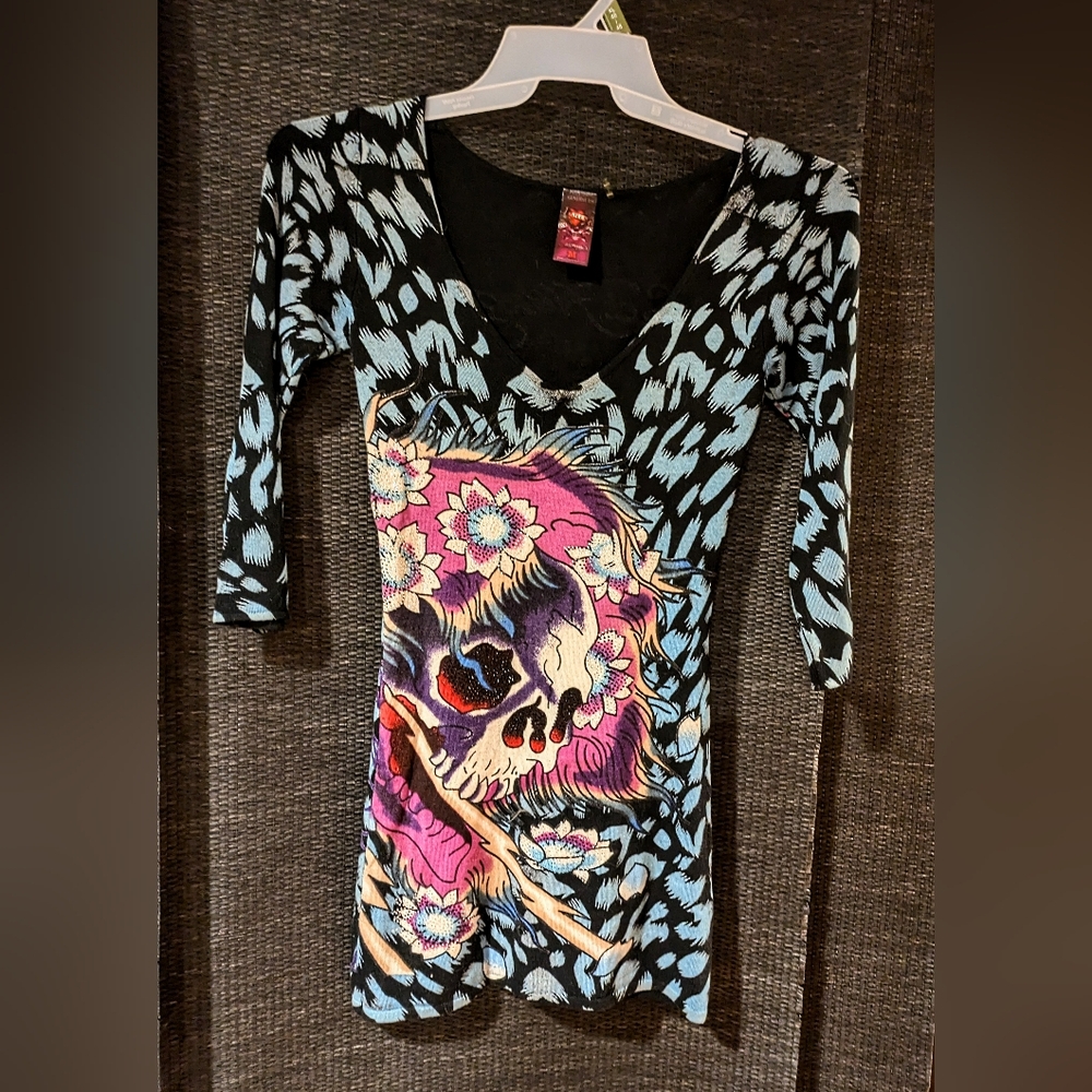 Ed Hardy beaded Skull and flowers Sweater Dress